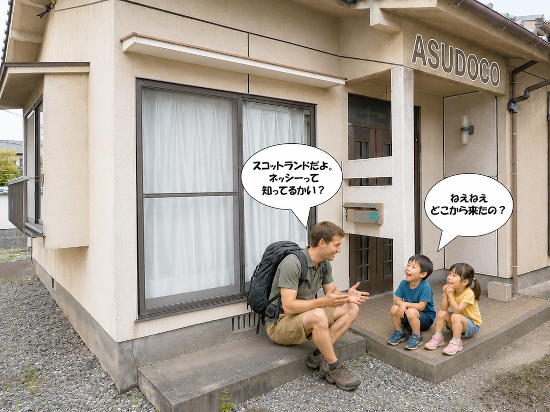 ゲストハウスASUDOCOで旅人と地域の子どもたちが交流する様子